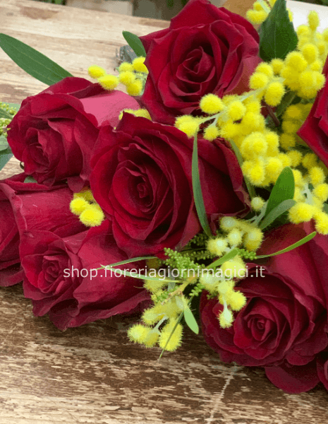 	5 Rose rosse gambo lungo con mimosa 